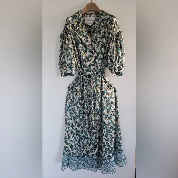 NWT DYVNA belted printed chiffon trimmed hammered silk satin midi length dress